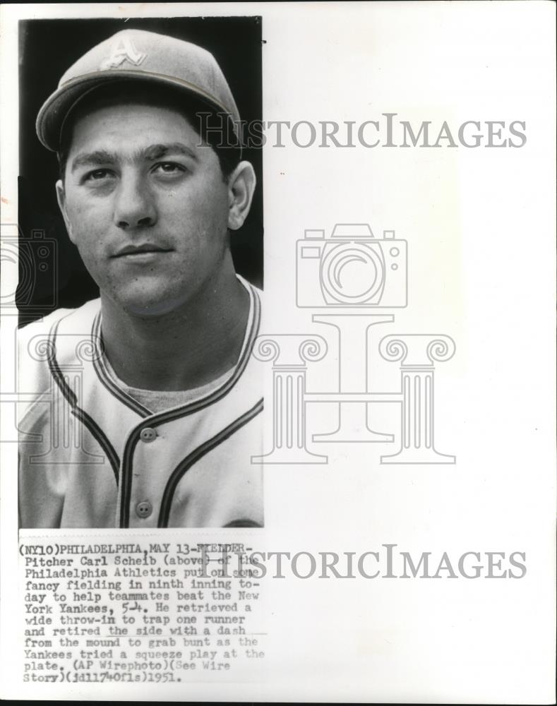 1951 Press Photo Carl Scheib, pitcher for Philadelphia Athletics at a game. - Historic Images