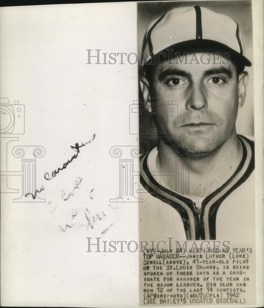 1942 Press Photo James Luther (Luke) Sewell, candidate for manager of the year - Historic Images