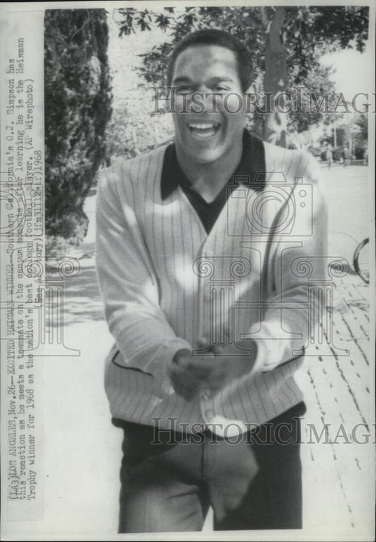 1968 Press Photo OJ Simpson, reacts to winning Heisman Trophy winner for 1968 - Historic Images