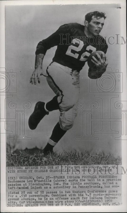 1950 Press Photo Sophomore Lou D' Achille of the Indiana University at practice - Historic Images