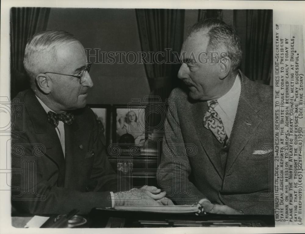 1950 Wire Photo Secretary of State Dean Acheson reports to President Truman - Historic Images