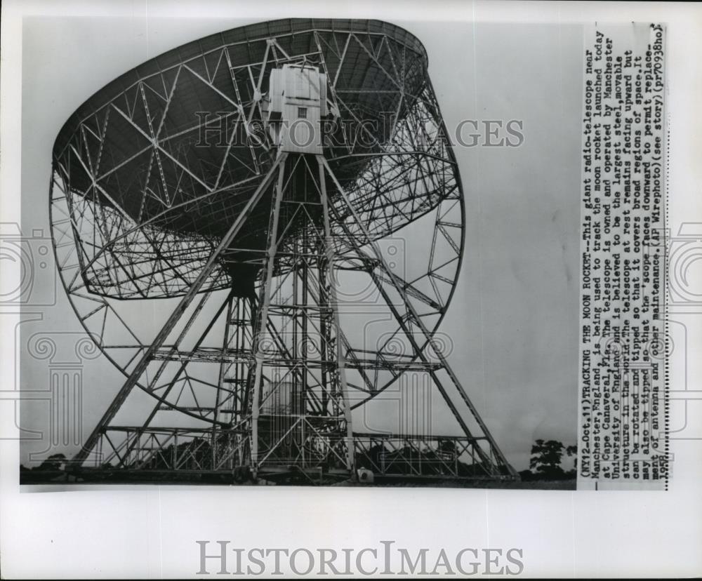1958 Wire Photo Giant radio-telescope near Manchester, England- Track Moon Sat - Historic Images