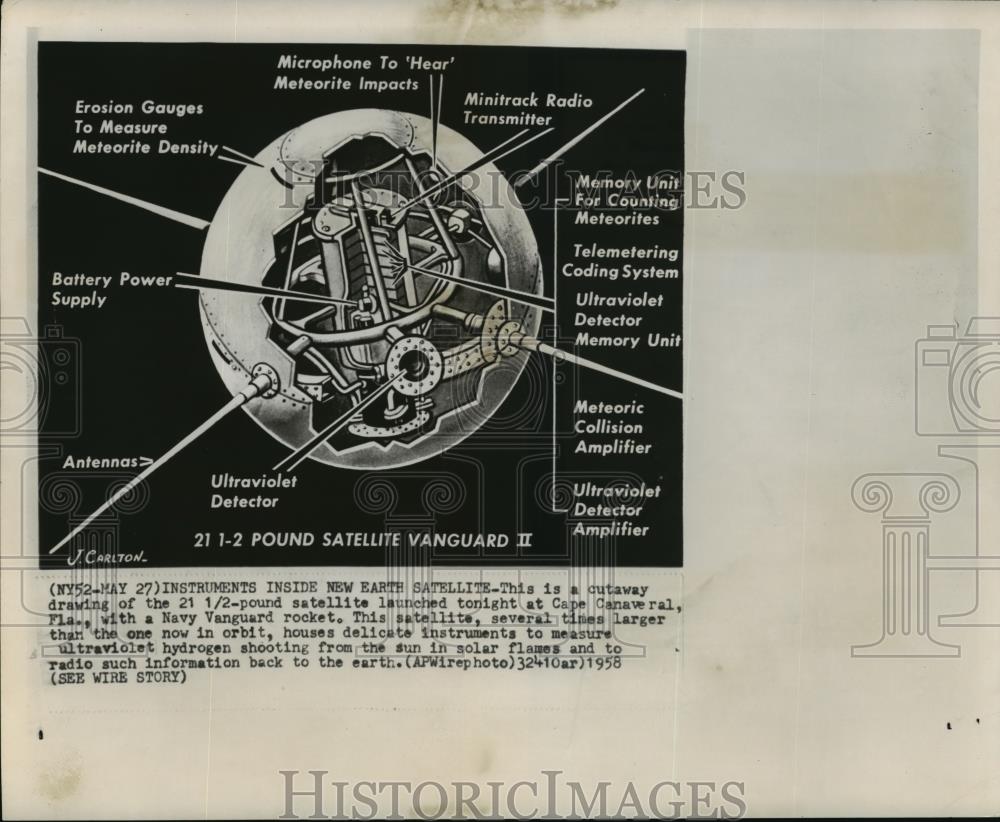 1958 Wire Photo Cutaway drawing of the 21 1/2 pound satellite launched in Fla - Historic Images