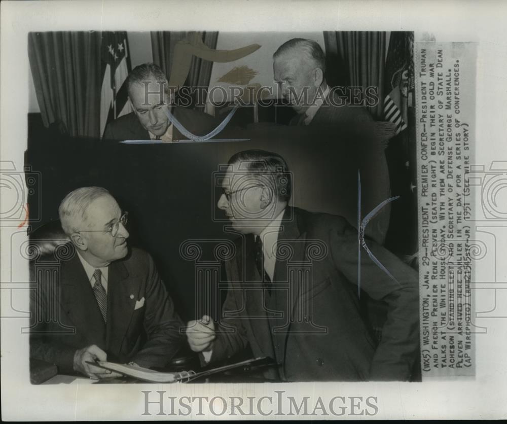 1951 Wire Photo Pres. Truman &amp; French Premier Rene Pleven begin cold war talks - Historic Images