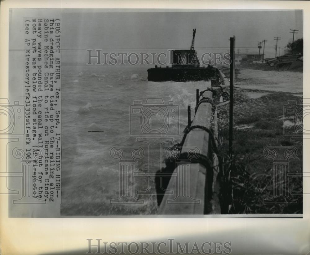 1963 Wire Photo Barge along Sabine Neches Canal hit by Hurricane Cindy - Historic Images