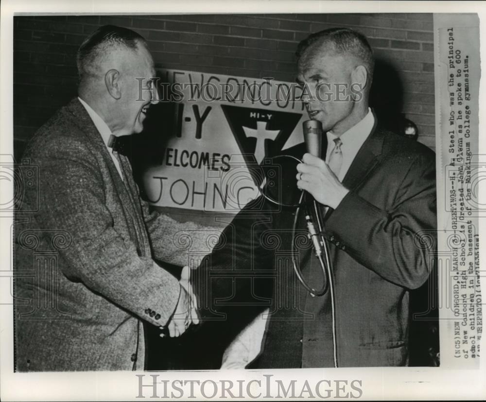 1962 Wire Photo Principal H.A. Steel Greets John Glenn Jr. to New Concord High - Historic Images