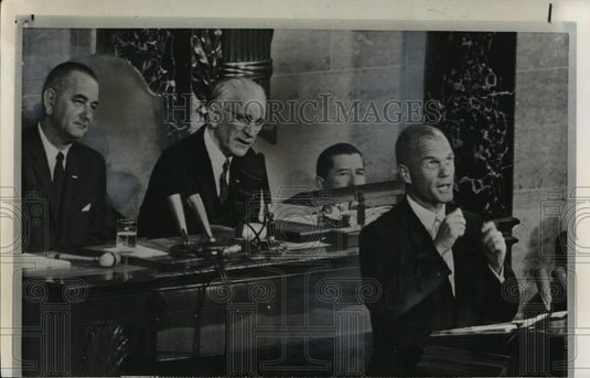 1962 Wire Photo Astronaut John Glenn Talks to Congress as L. Johnson Watches - Historic Images