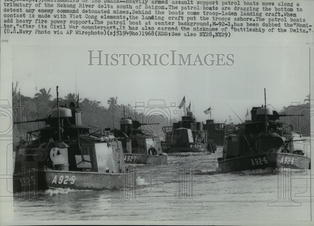 1968 Wire Photo Heavily armed assault support patrol boats at Mekong River - Historic Images