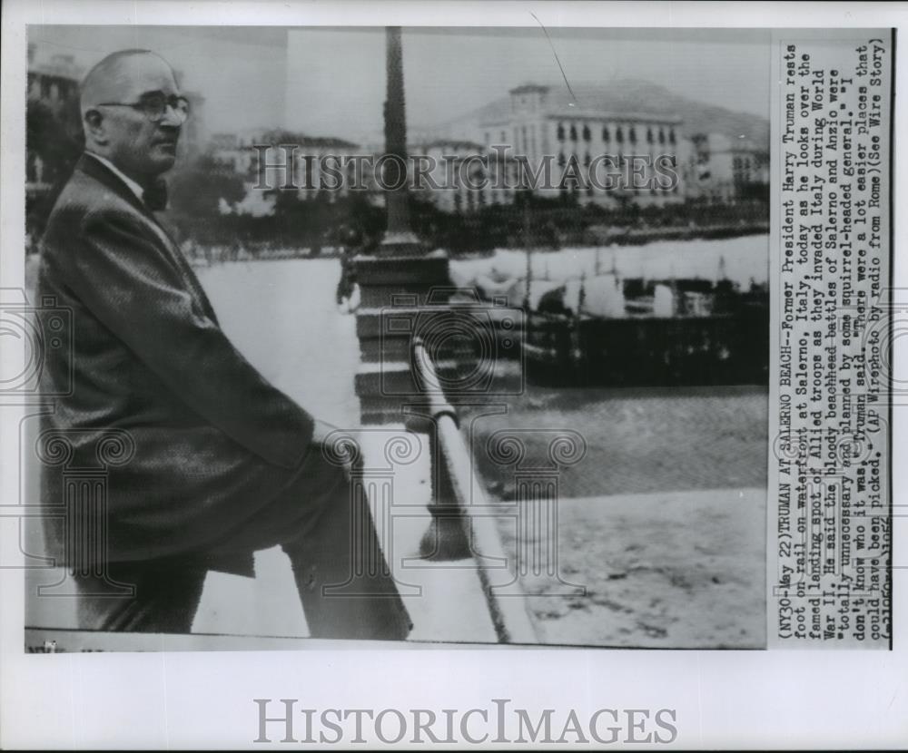 1956 Wire Photo President Truman as he remembers World War II in Italy - Historic Images