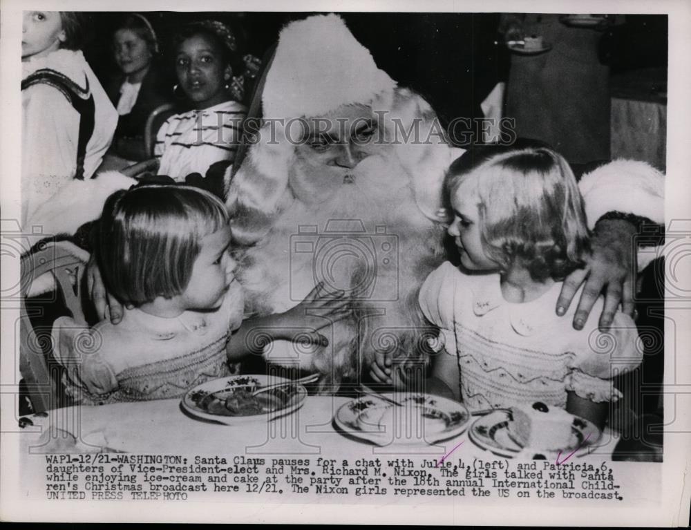 1952 Press Photo Julie and Patricia Nixon Visited by Santa Claus TV Broadcast - Historic Images