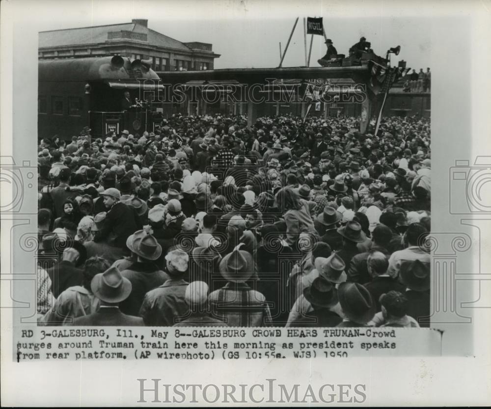 1950 Wire Photo Crowd listens as President Truman address them from a platform - Historic Images