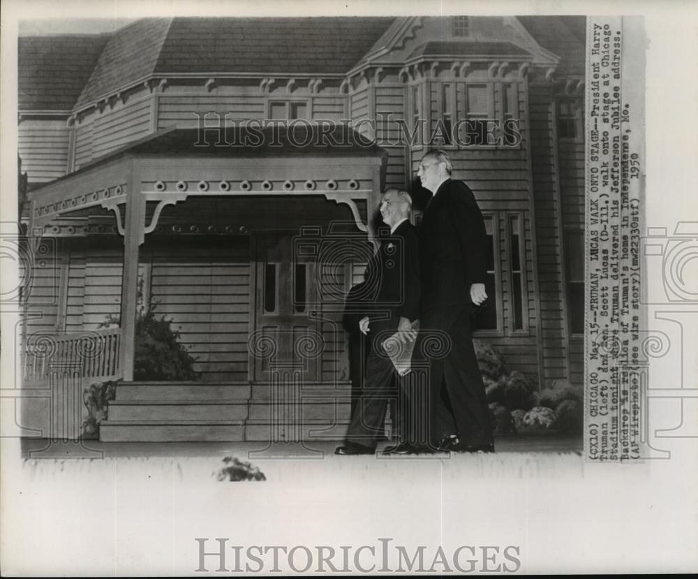 1950 Wire Photo Pres Harry Truman &amp; Sen Lucas walk on stage to give speech - Historic Images