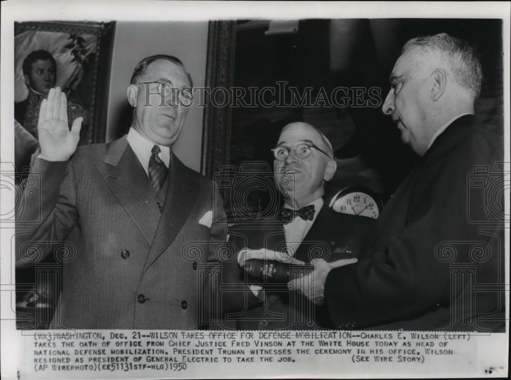 1950 Wire Photo Charles E Wilson takes oath of office from Chief Justice Vinson - Historic Images