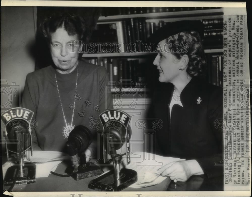 1944 Wire Photo Mrs. F. D. Roosevelt &amp; Mary Pickford open March-Of-Dimes. - Historic Images