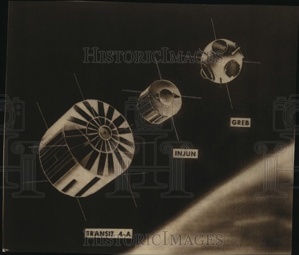 1961 Wire Photo Satellites-Transit 4-A, drawing of three satellites in orbit. - Historic Images