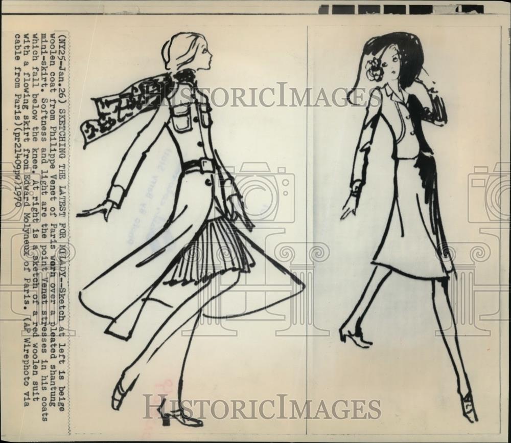 1970 Wire Photo Sketch of beige woolen coat from Philippines Venet of Paris - Historic Images