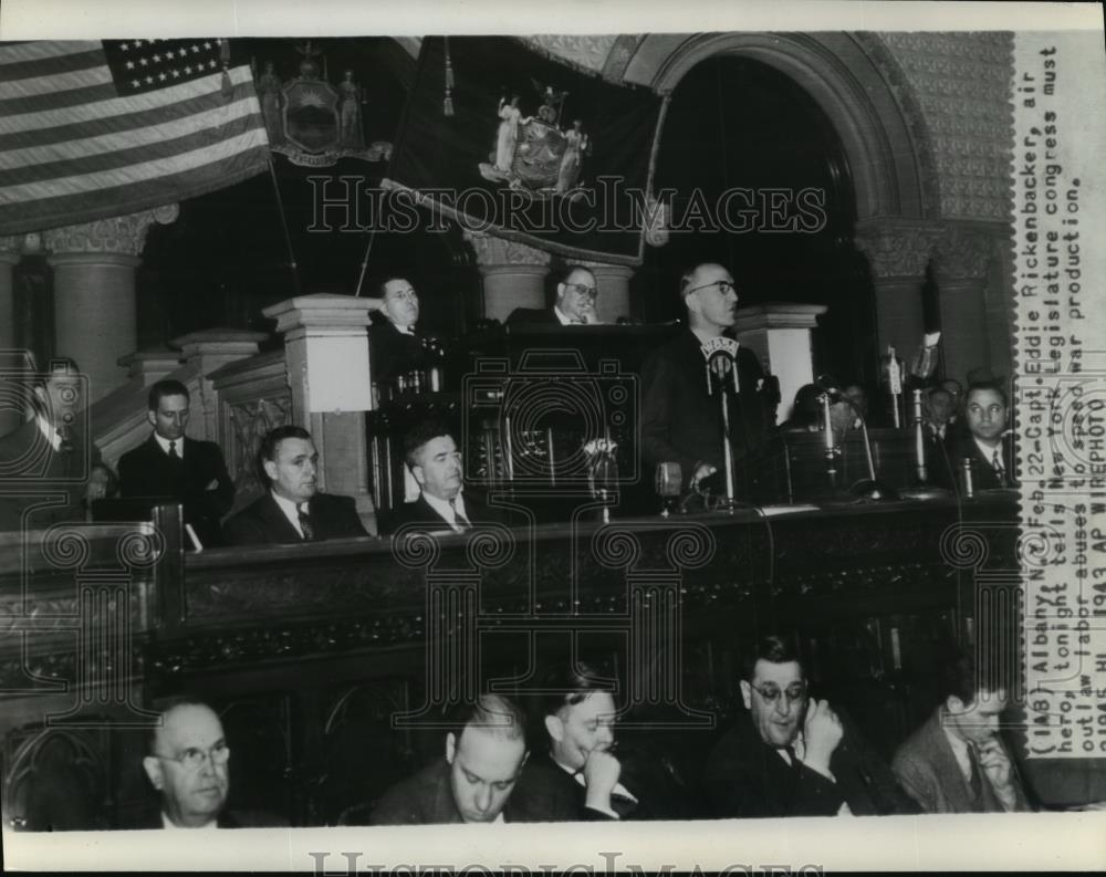 1943 Wire Photo Captain Eddie Rickenbacker, speaks at New York Legislature - Historic Images