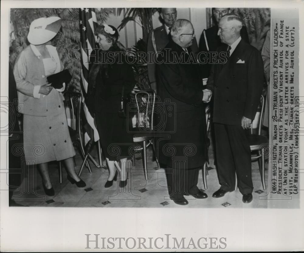 1951 Wire Photo President Truman greets President Vincent Auriol of France - Historic Images