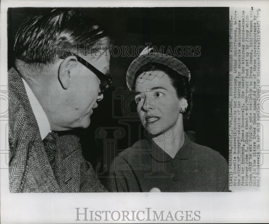 1954 Wire Photo Romelle Roosevelt, Wife of Jimmy Roosevelt, Speaks to Attorney - Historic Images