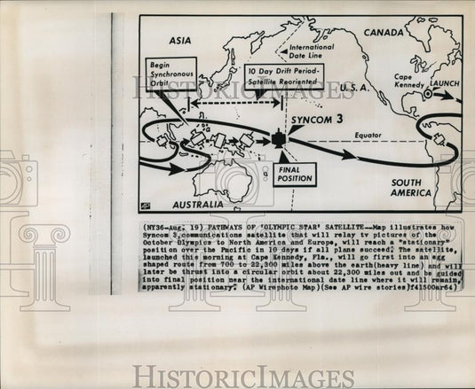 1964 Wire Photo Map illustrates Syncom 3 communications satellite's route - Historic Images