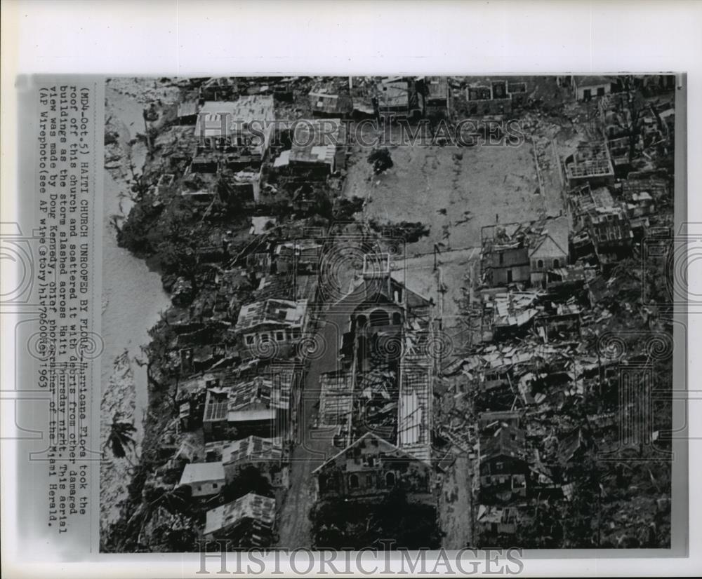 1963 Wire Photo An aerial view of a Haiti church unroofed by hurricane Flora - Historic Images