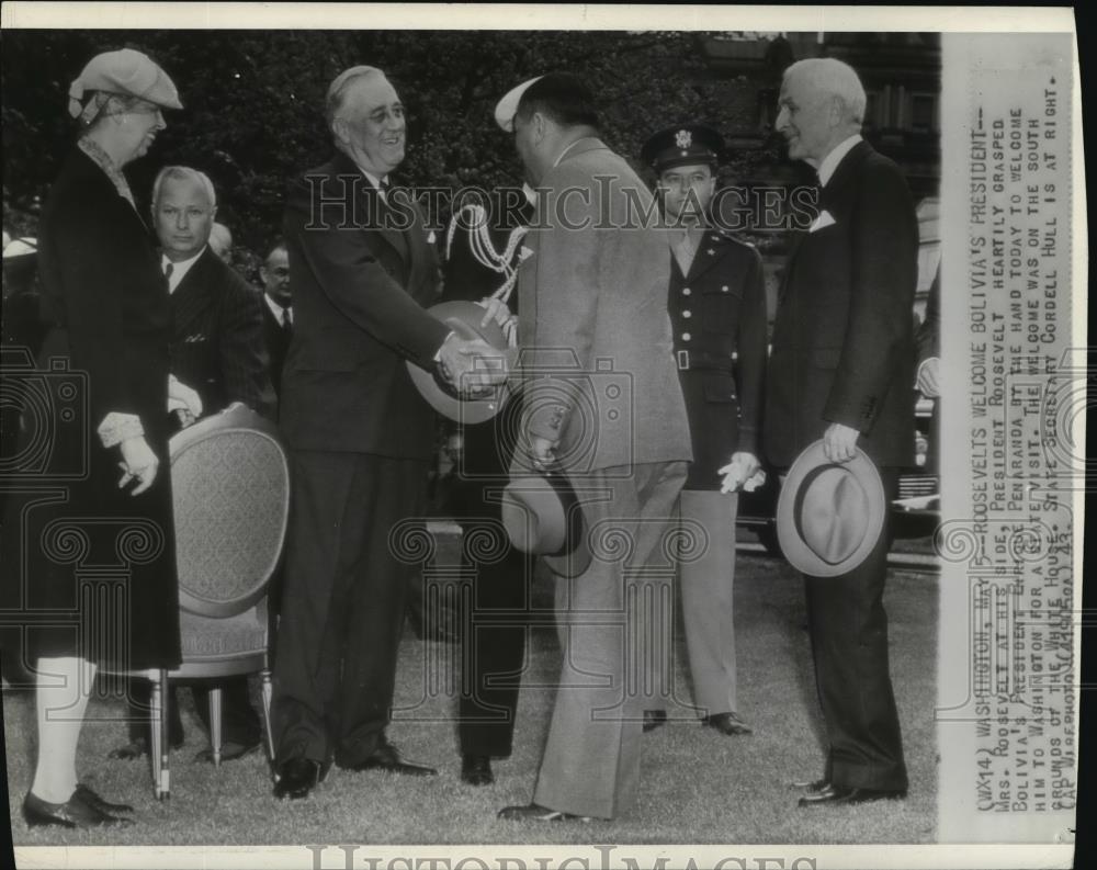 1943 Wire Photo Pres. &amp; Mrs.Roosevelt welcome Bolivia&#39;s Pres. Enrique Penaranda - Historic Images