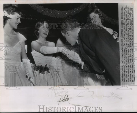 1951 Wire Photo Bob Linderman kissed the hand of Anne Firestone, a debutante - Historic Images