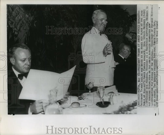 1951 Wire Photo President Harry S Truman at Armed Forces Banquet in Washington - Historic Images