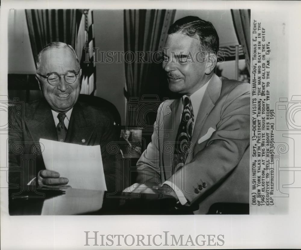 1951 Wire Photo Gov Thomas E Dewey calls on Pres Harry S Truman at White House - Historic Images