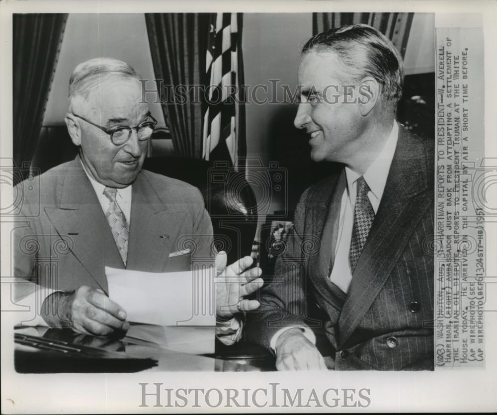 1951 Press Photo W. Averell Harriman reports to Pres. Truman at the Wh ...