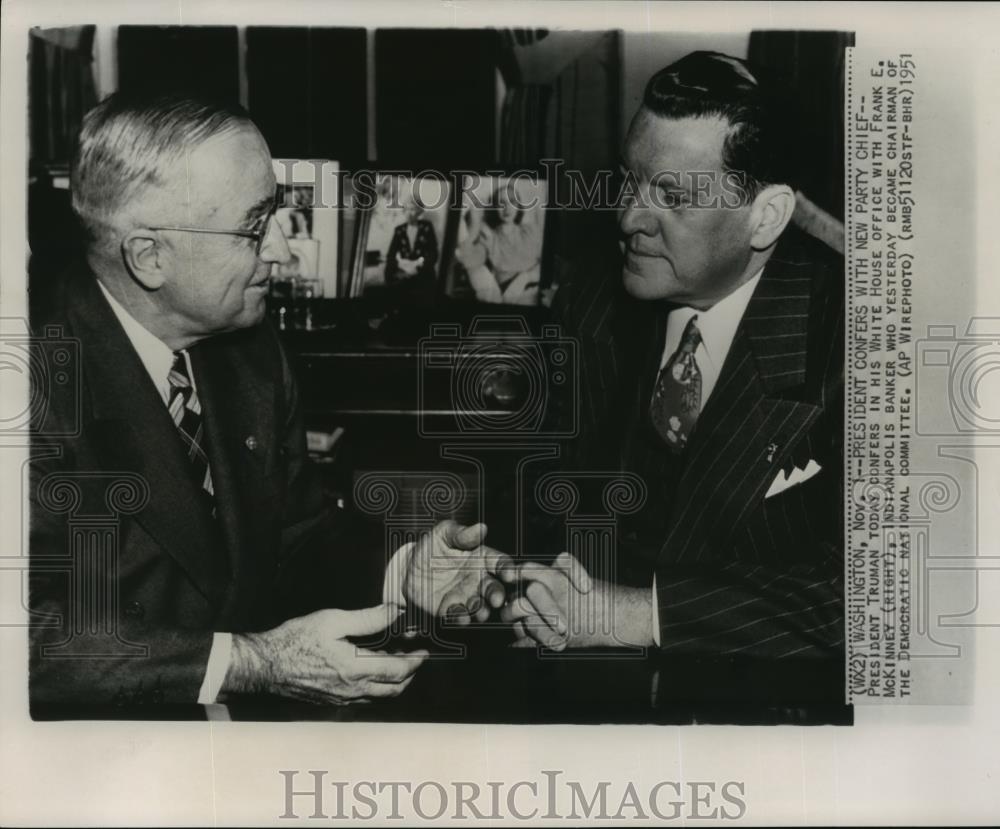 1951 Wire Photo Pres. Truman confers with Frank McKinney, new Democratic head - Historic Images