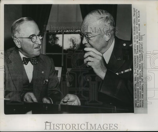 1951 Wire Photo General Dwight D. Eisenhower confers with President Truman - Historic Images