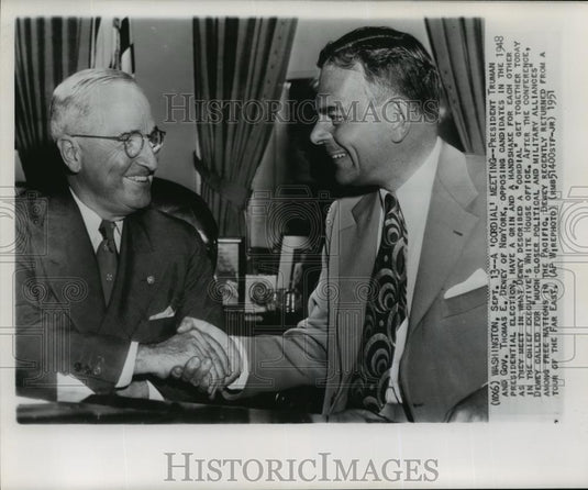 1951 Wire Photo Opponents President Truman & Governor Thomas E. Dewey-handshake - Historic Images