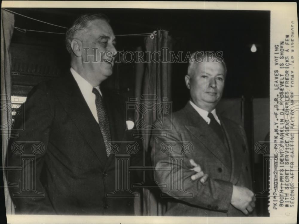 1943 Wire Photo Pres. Roosevelt and Charles Fredricks leave polling booth - Historic Images