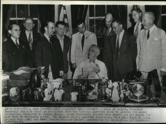1943 Wire Photo Pres. Roosevelt declines an invitation from the Maritime Union - Historic Images
