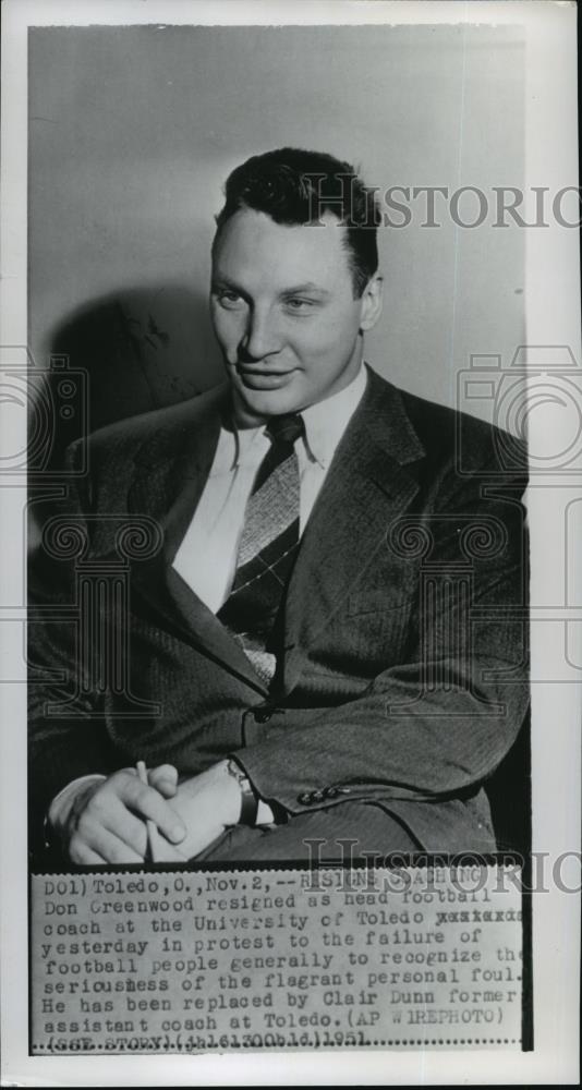 1951 Wire Photo Don Greenwood resigned football coach of University of Toledo - Historic Images