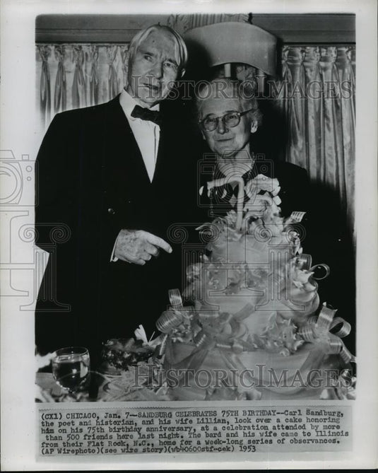 1953 Wire Photo Poet Carl Sandburg celebrates 75th birthday in Chicago - Historic Images