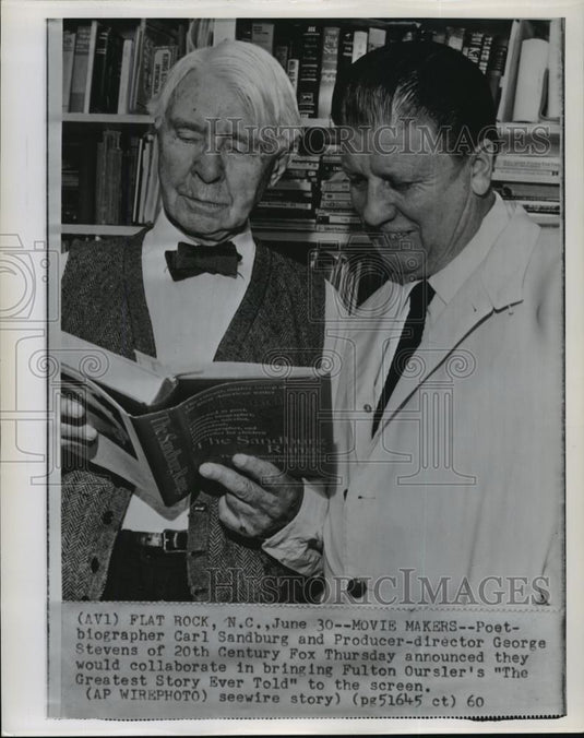 1960 Wire Photo Poet-biographer Carl Sandburg & Producer-Director George Steven - Historic Images