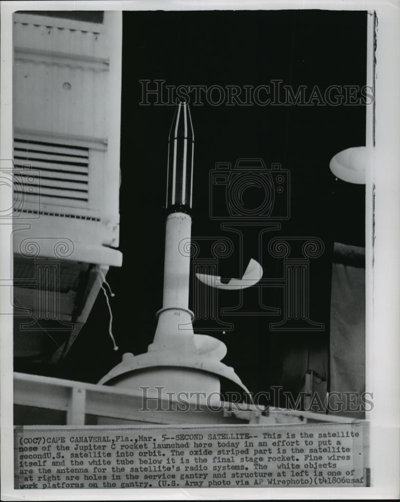 1958 Wire Photo Satellite nose of Jupiter C rocket launched at Cape Canaveral - Historic Images