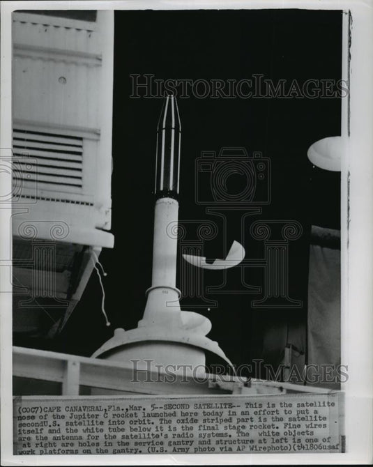 1958 Wire Photo Satellite nose of Jupiter C rocket launched at Cape Canaveral - Historic Images