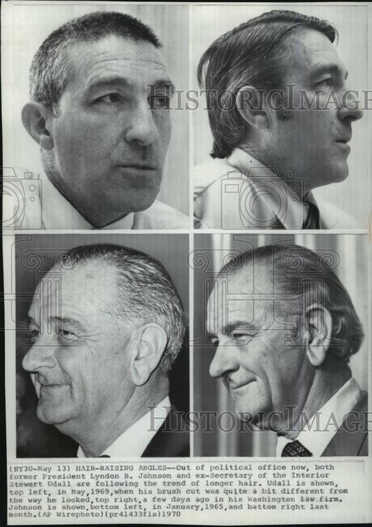 1970 Wire Photo Pres Lyndon Johnson & ex-Interior Sec Udall before/after cut - Historic Images