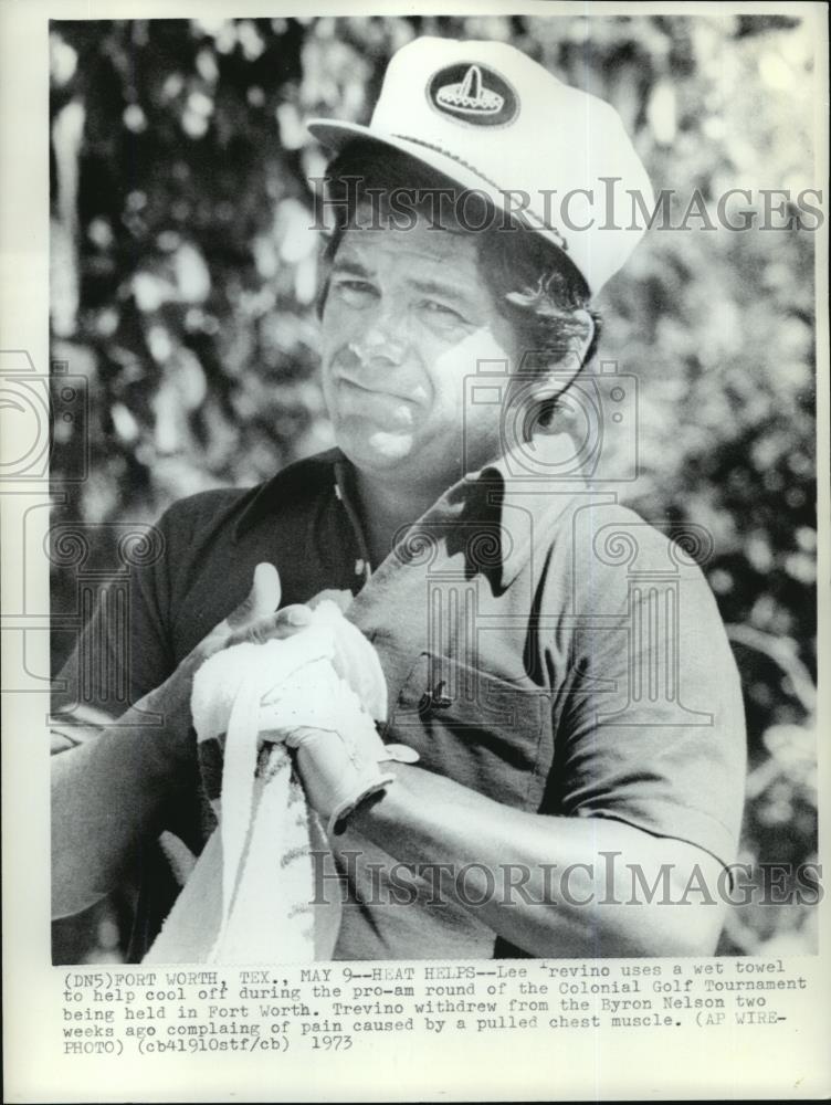 1973 Wire Photo Lee Trevino tries to cool off during Colonial Golf Tournament - Historic Images