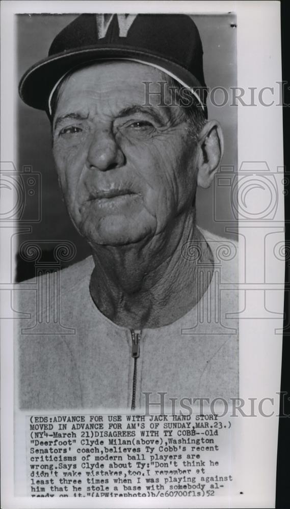 1952 Wire Photo Coach Clyde Milan disagrees with TY Cobb's criticism on players - Historic Images