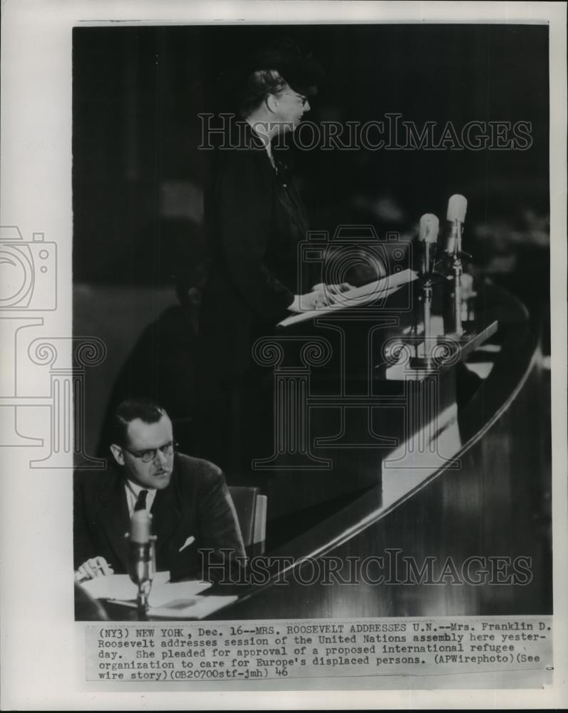 1946 Wire Photo Mrs. Franklin D, Roosevelt address session of United Nations - Historic Images