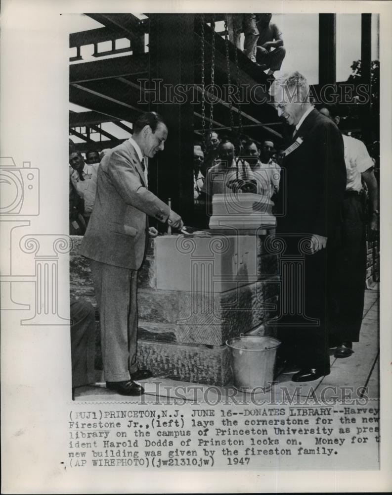 1947 Wire Photo Harvey Firestone Jr., lays the cornerstone for the new library - Historic Images