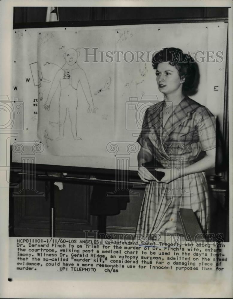 1960 Press Photo Carol Tregoff Enters Courtroom Walking Past Medical Chart - Historic Images