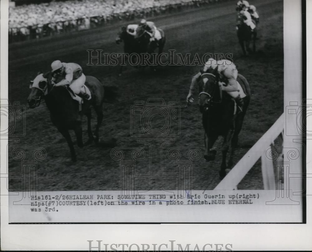 1955 Press Photo Eric Guerin on Sometime Thing wins at Hialeah vs Courtesy - Historic Images