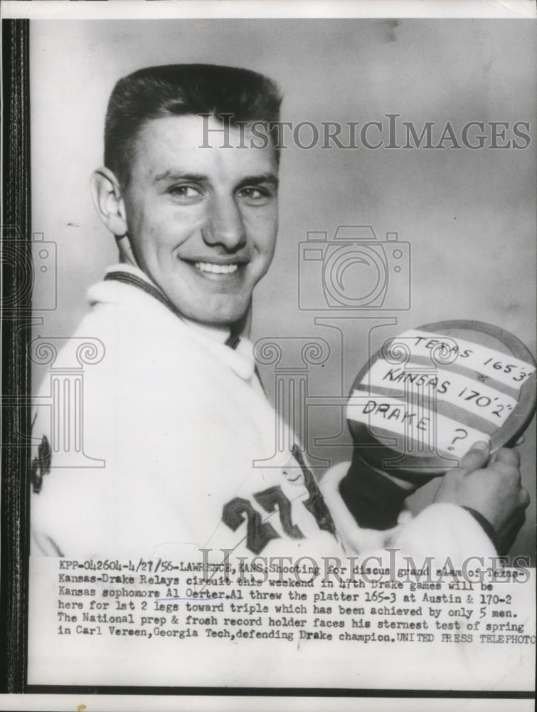 1956 Press Photo Al Oerter of Kansas hopes for Discus Throw &#39;grand slam&#39; win - Historic Images