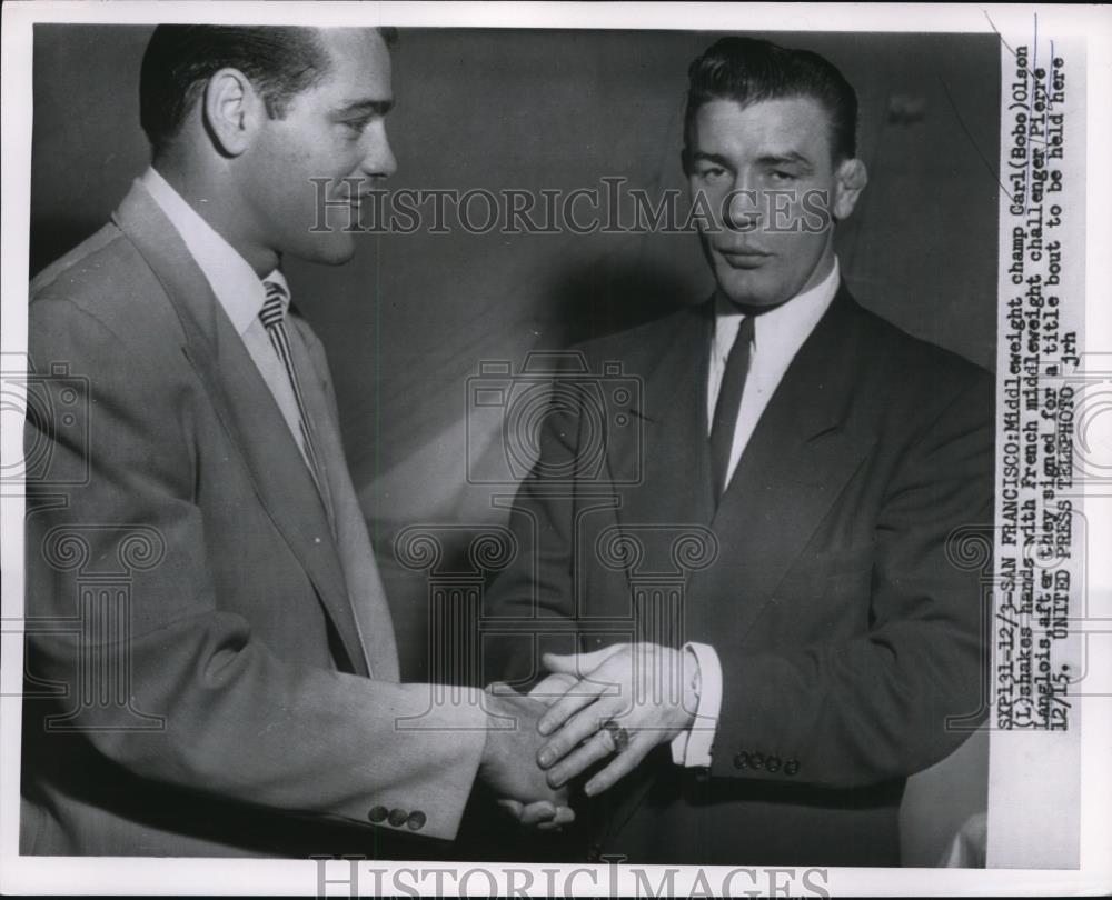 1954 Press Photo Middleweight champ Carl Bobo Olson & French Pierre Langlois - Historic Images