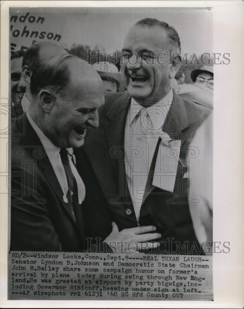 1960 Press Photo Sen Johnson and John M. Bailey Share Some Campaign Humor - Historic Images